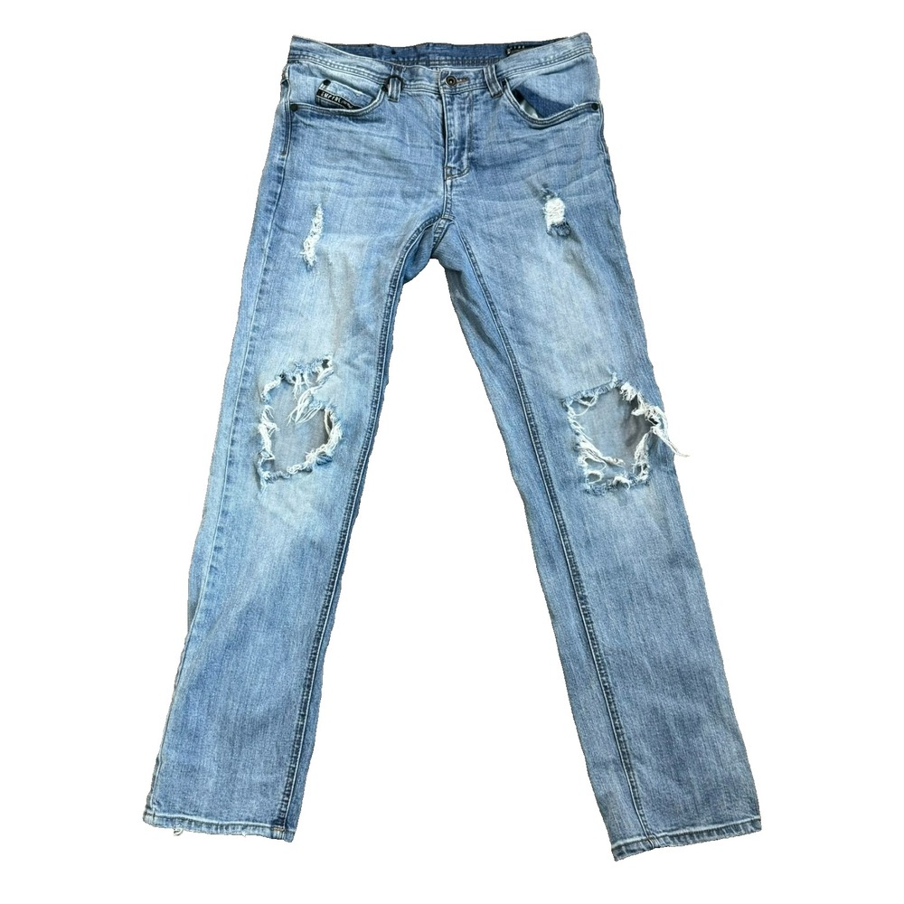 EMPYRE Men's‎ 32x32 Skeletor Skinny Thrashed Knee Holes Faded Grunge Blue Jeans